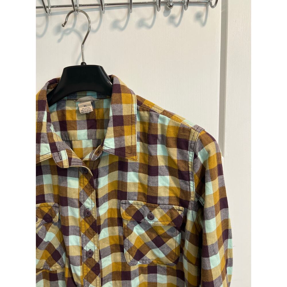 Duluth Trading Co Womens Button Up Flannel Sz XL Long Sleeve Purple Blue Yellow - Picture 6 of 10